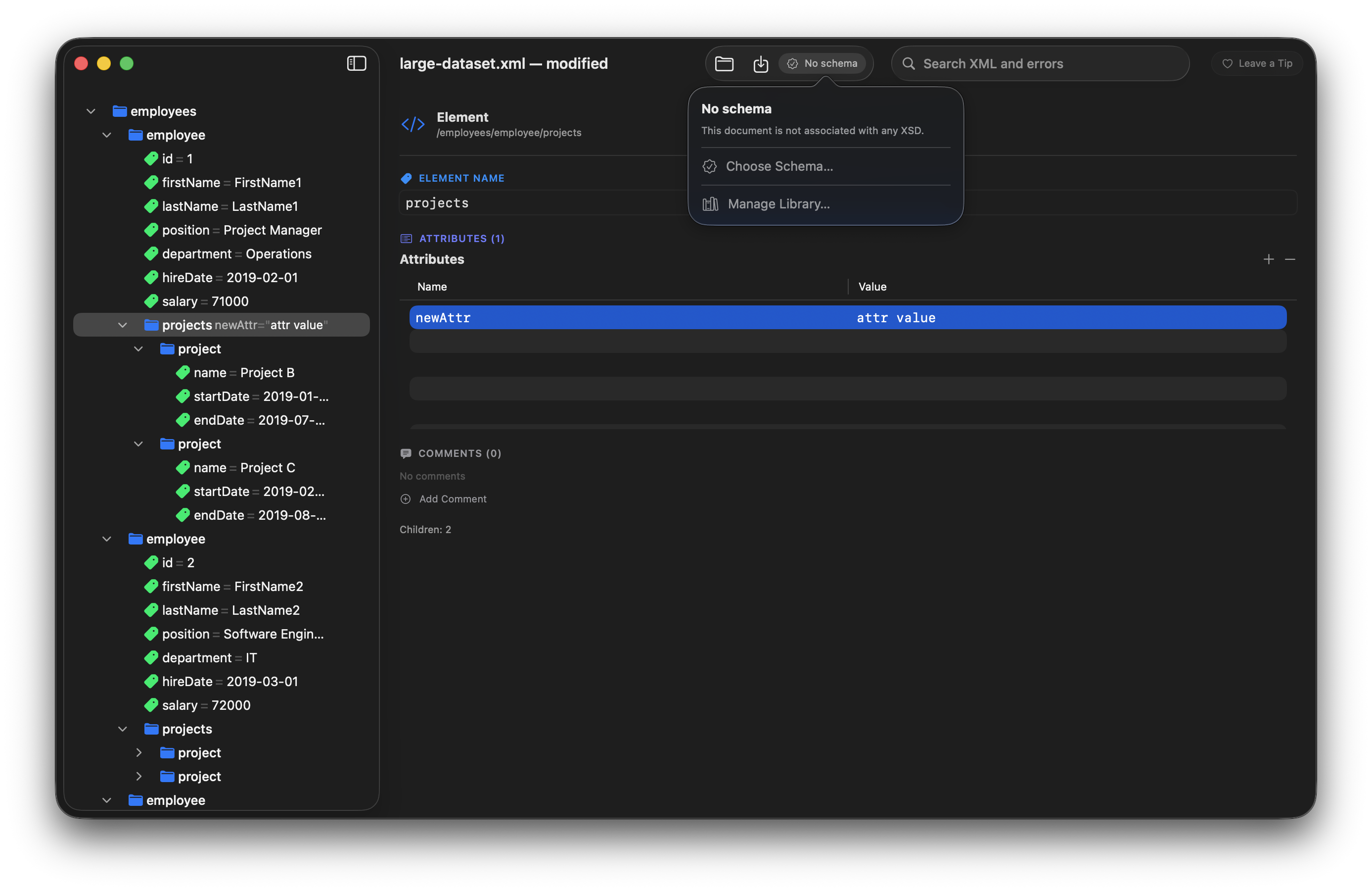 Vega XML outline view with a large document open