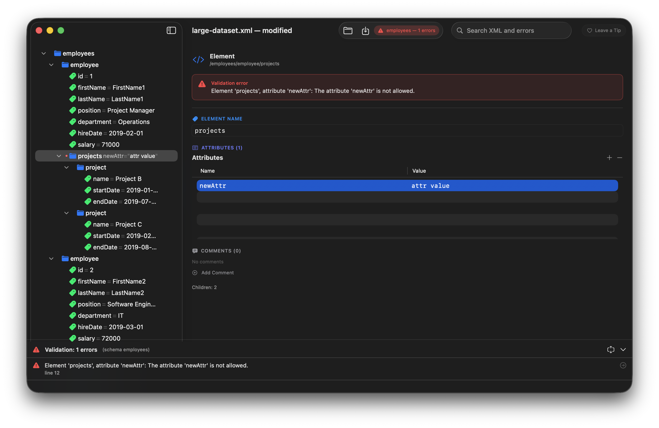 Vega XML schema validation panel with errors highlighted in the tree